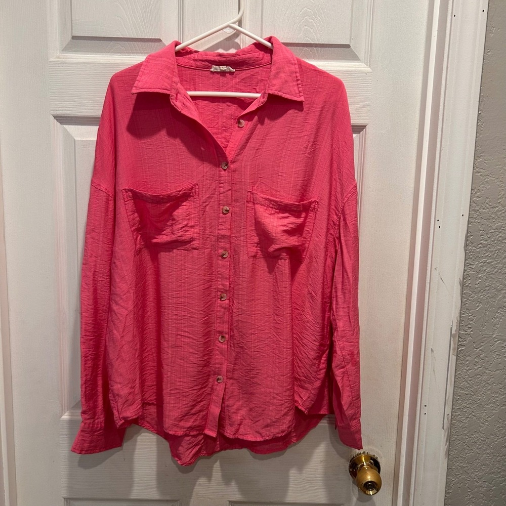La Miel Womens Hot Pink Button Up Shirt Long Sleeve Oversized Large Gauzy Beachy